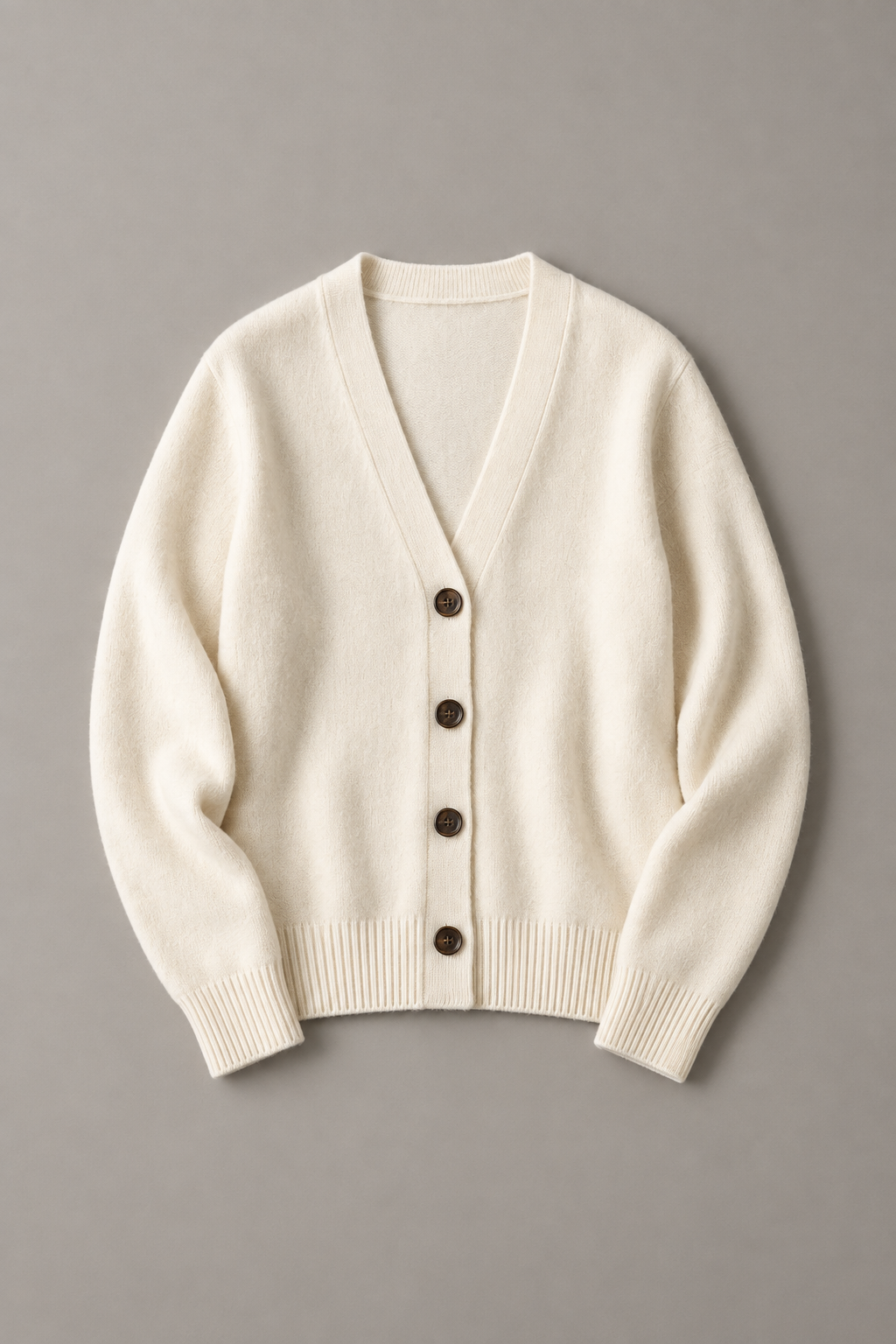 Ivory cashmere V-neck cardigan with four dark buttons Front