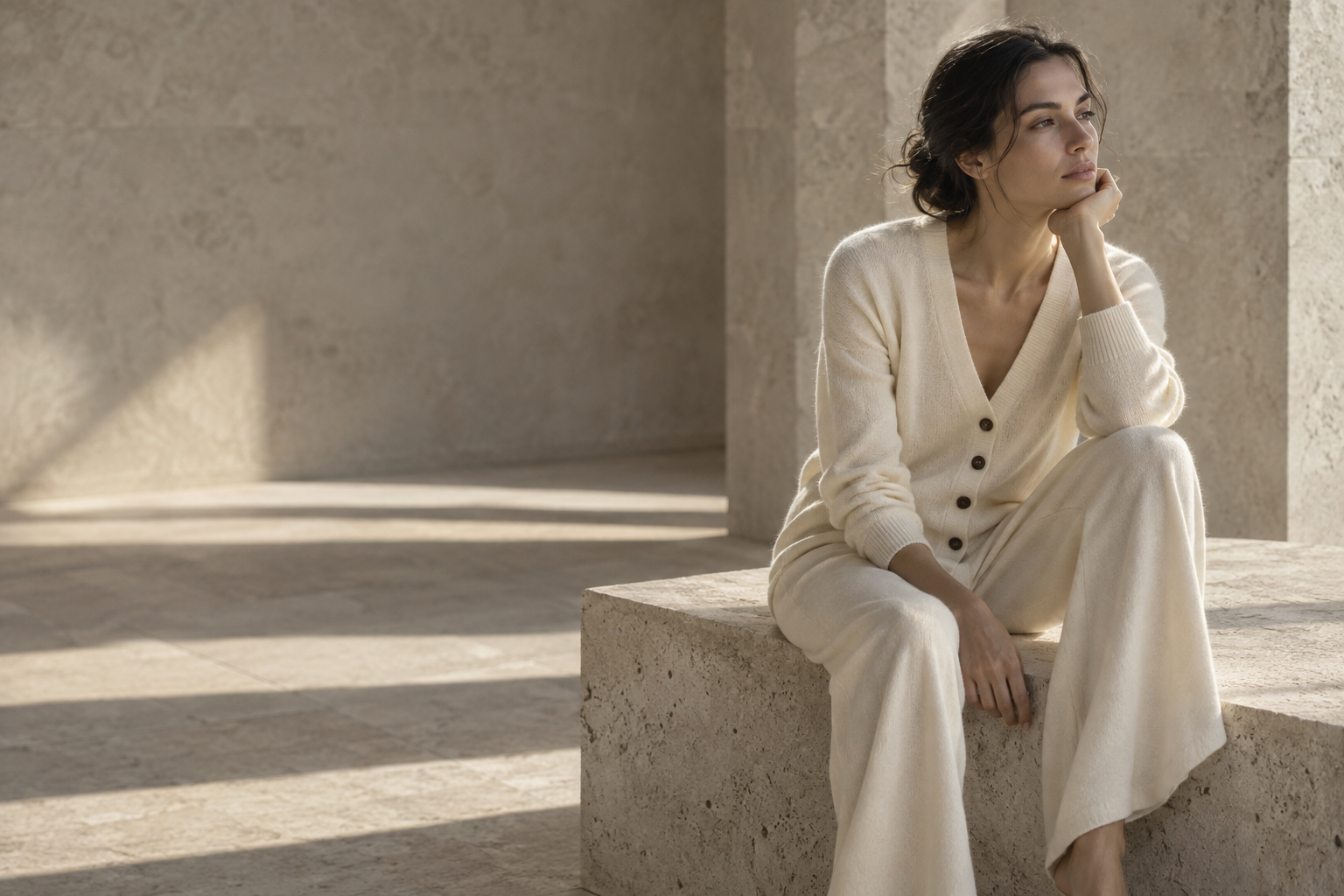 A model wearing an ivory cashmere cardigan in soft sunlight