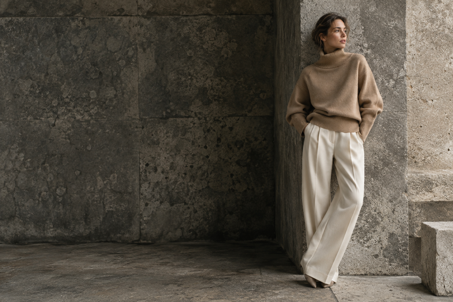 A model in camel cashmere and ivory trousers in a stone interior